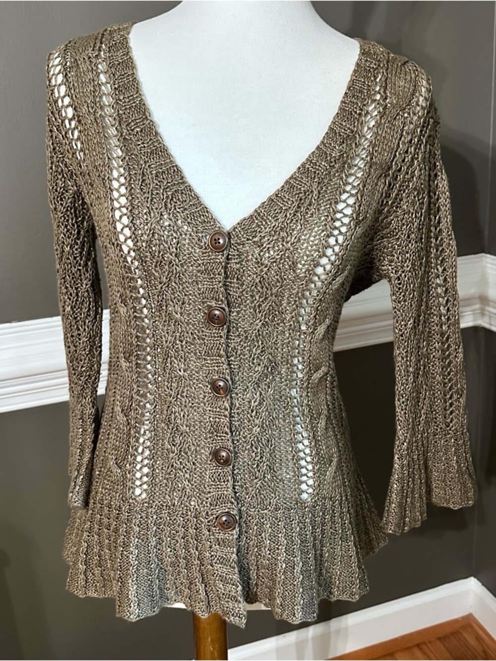 Vintage Ralph Lauren Taupe Hand Knit Linen Open-Knit Button Front Cardigan